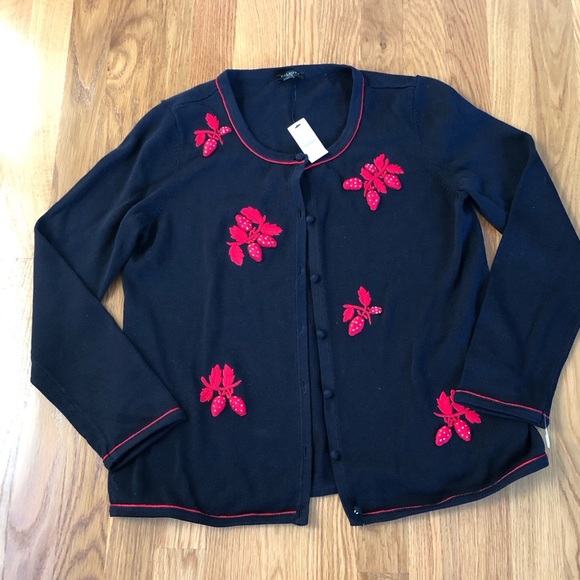 Talbots Embroidered Strawberry Sweater Cardigan NWT Navy Blue Size MP - Picture 3 of 9